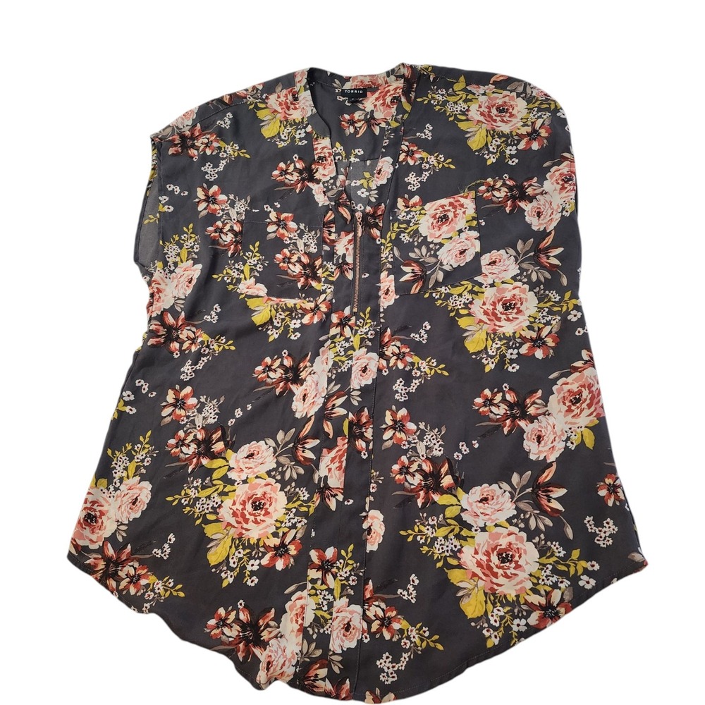 Torrid Sz 0 Large Sleeveless Floral V-Neck Blouse‎ Top Lightweight Front Pockets
